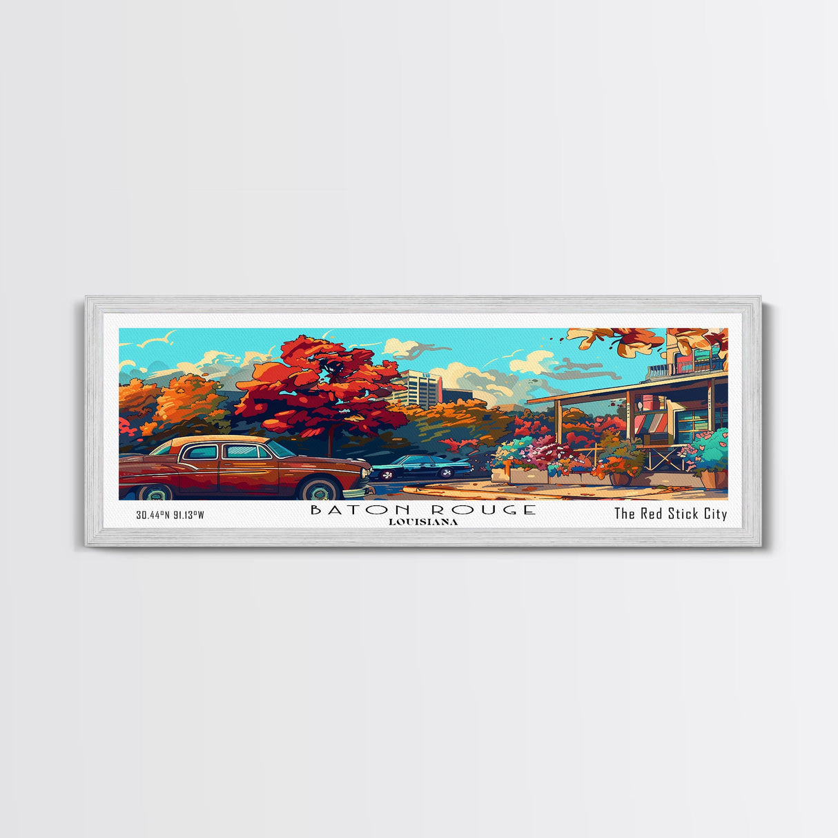 Baton Rouge Louisiana Panoramic Painting Framed Canvas Print, Mid Century Modern Art, Pop Art Style, Travel Poster, Wall Art Decor