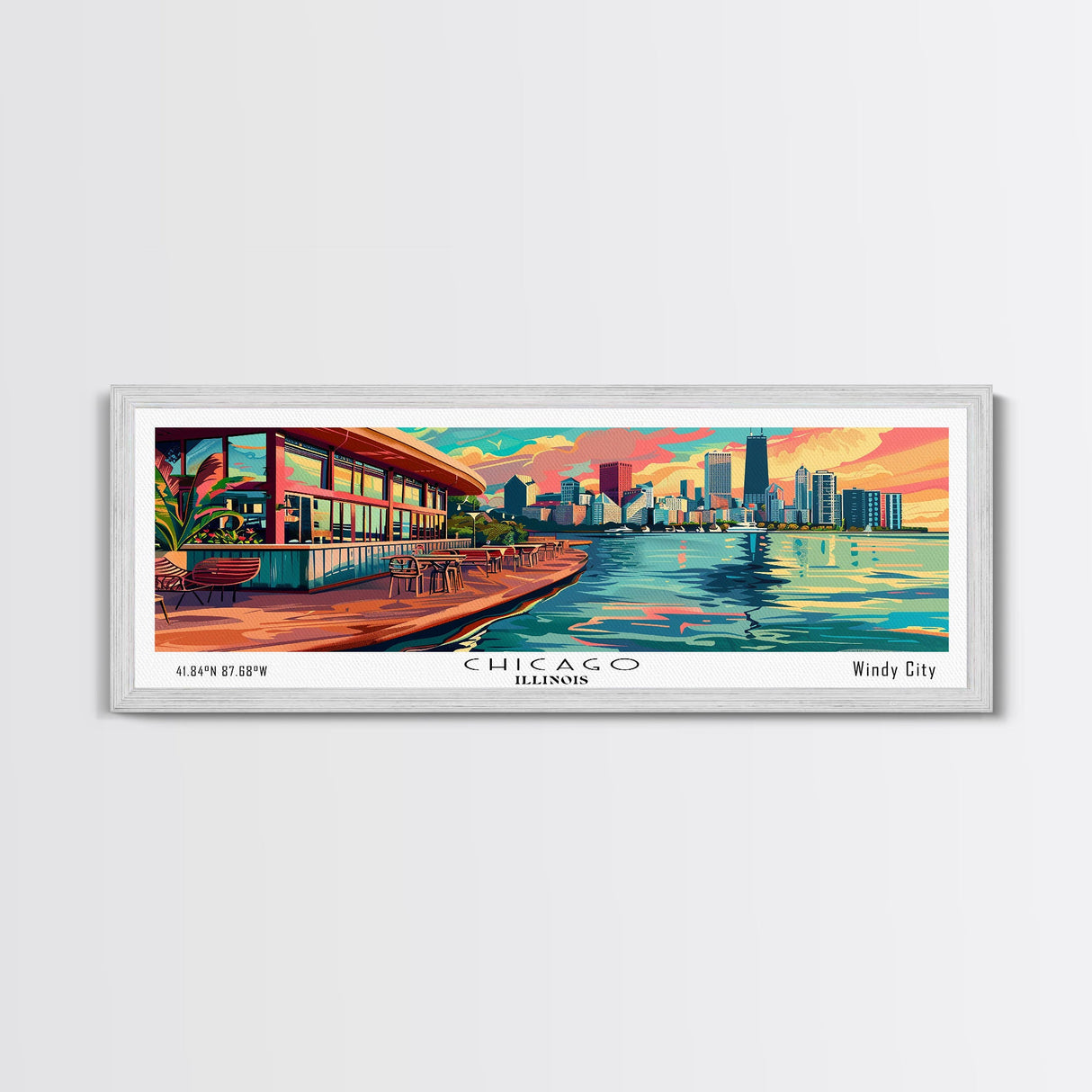 Chicago Illinois Panoramic Painting Framed Canvas Print, Mid Century Modern Art, Pop Art Style, Travel Poster, Living Room Decor