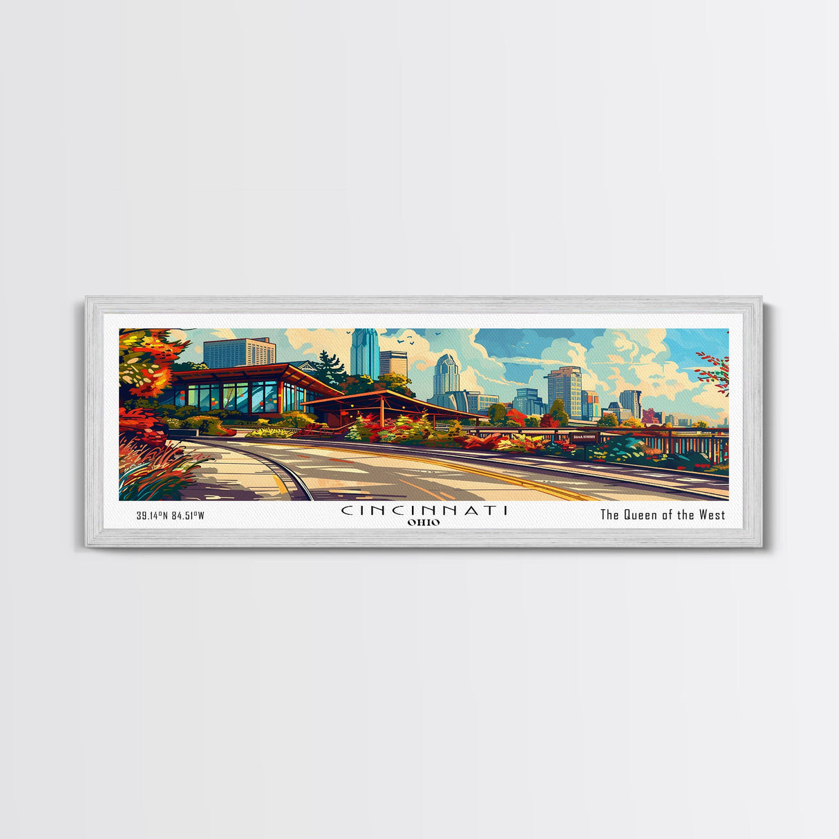 Cincinnati Ohio Panoramic Painting Framed Canvas Print, Mid Century Modern Art, Pop Art Style, Travel Poster, Wall Art Decor