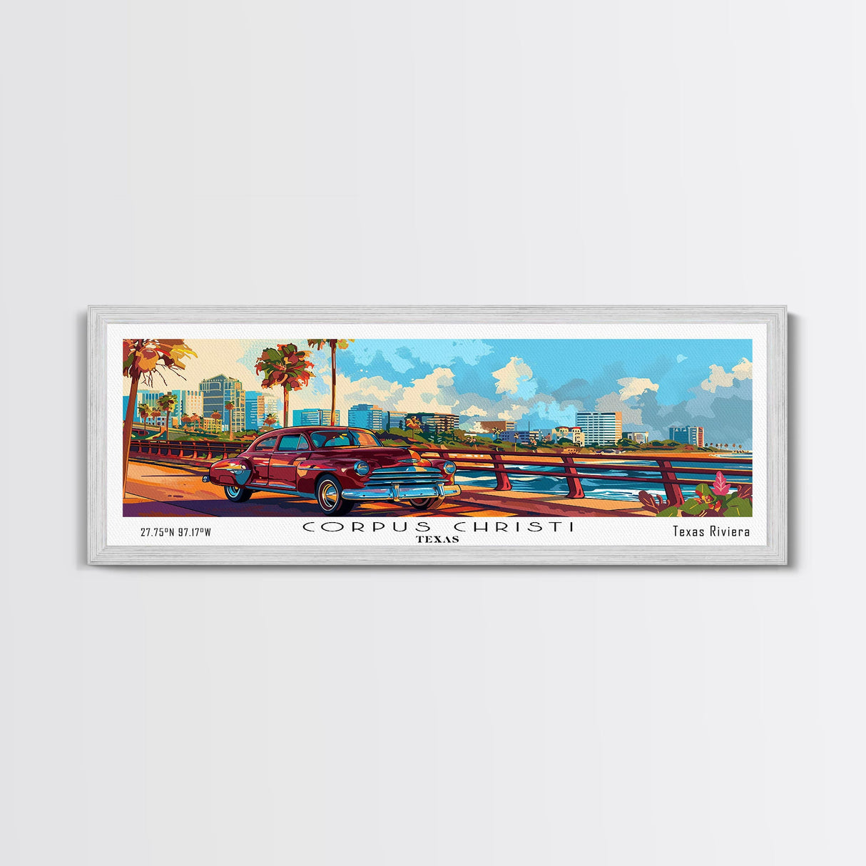 Corpus Christi Texas Panoramic Painting Framed Canvas Print, Mid Century Modern Art, Pop Art Style, Travel Poster, Living Room Decor