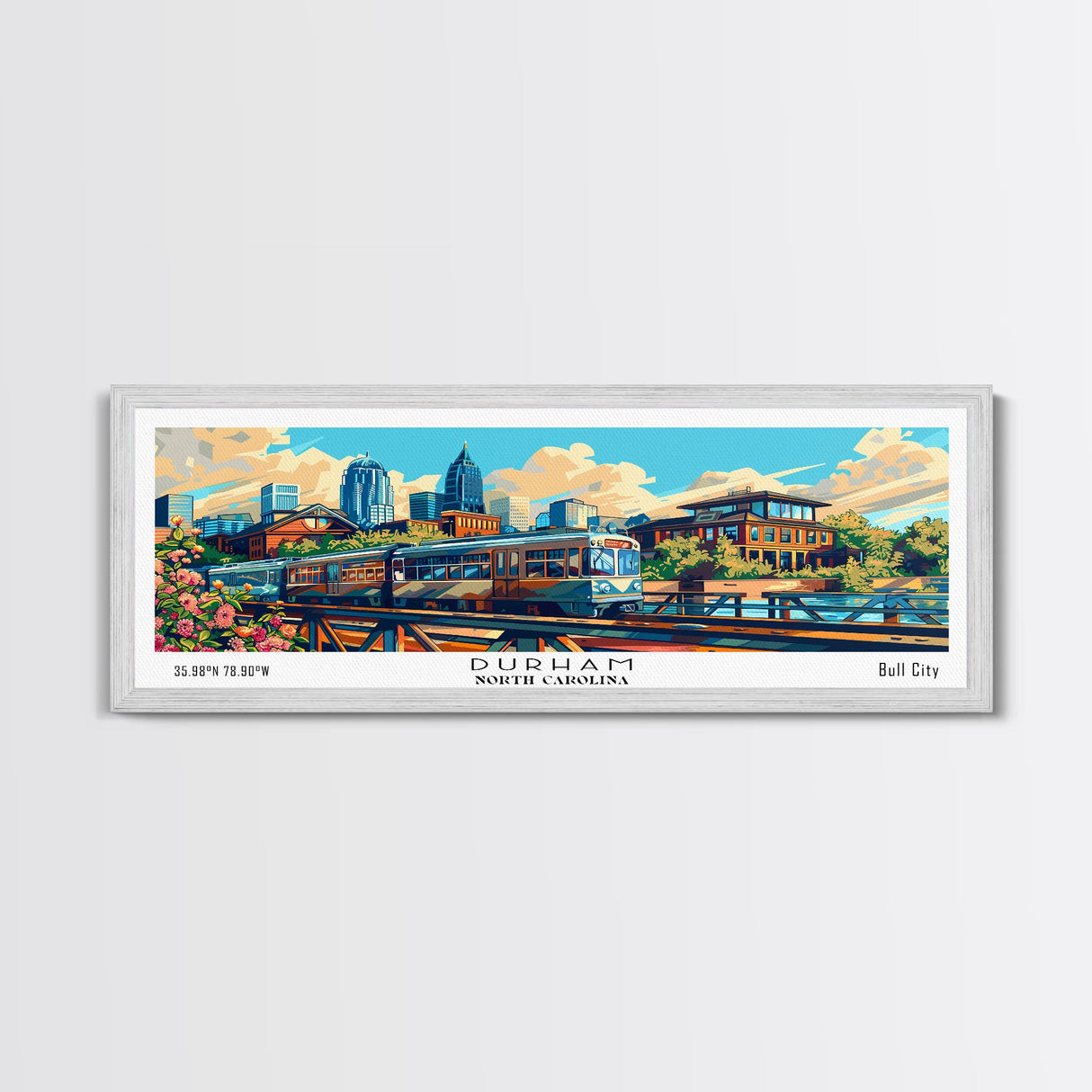 Durham North Carolina Panoramic Travel Poster Framed Canvas Print, Mid Century Modern Art, Pop Art Style, Wall Art Decor, Home Decoration