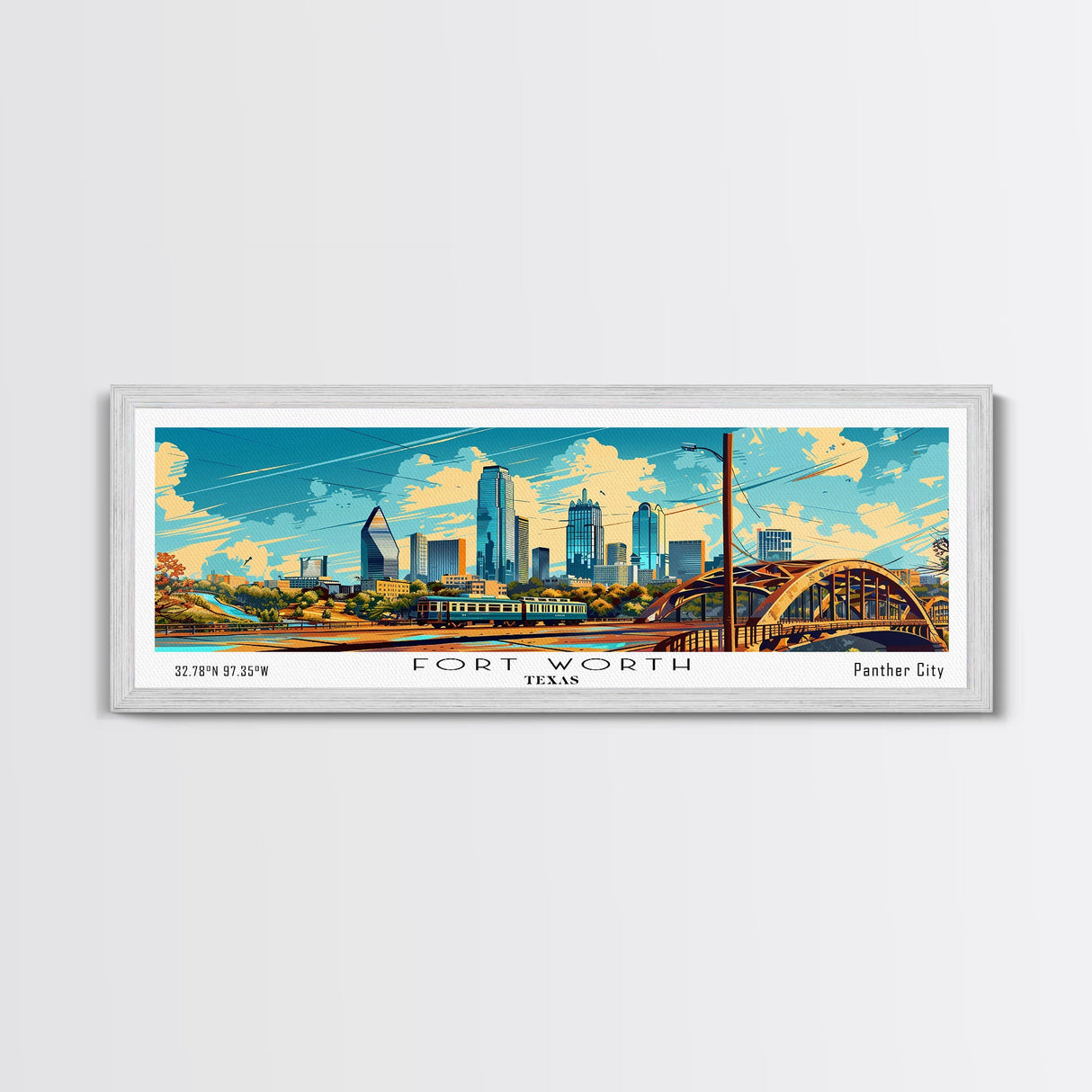 Forth Worth Texas Panoramic Painting Framed Canvas Print, Mid Century Modern Art, Pop Art Style, Travel Poster, Living Room Decor