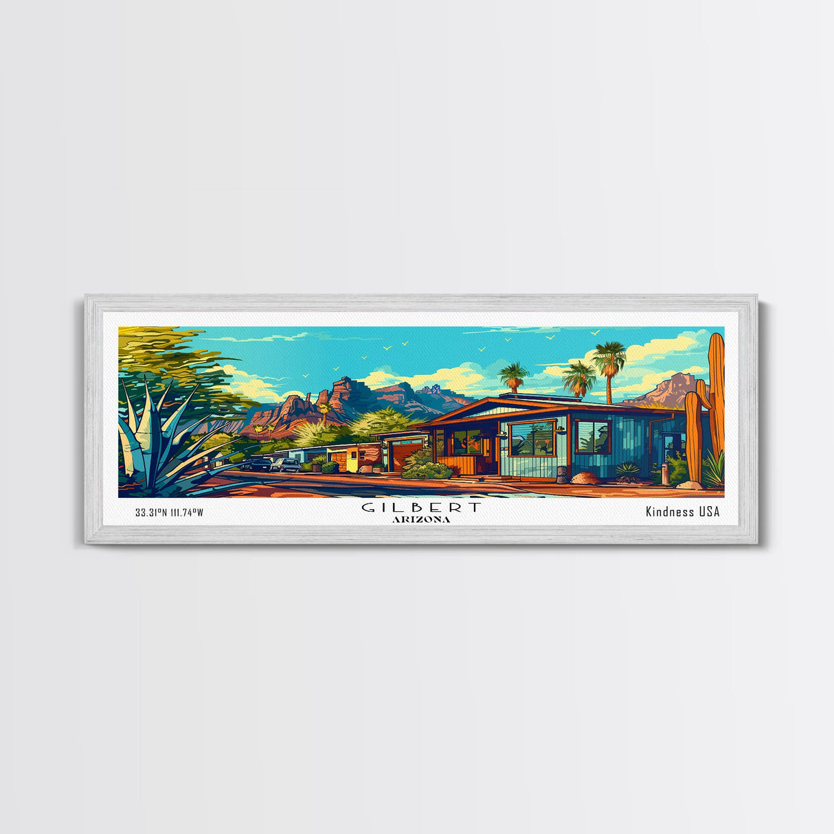 Gilbert Arizona Panoramic Wall Art Framed Canvas Print, Mid Century Modern Art, Pop Art Style, Travel Poster, Home Decor, Retro Style