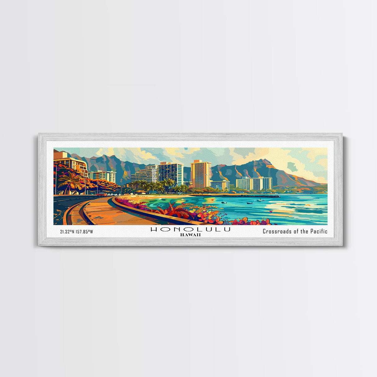 Honolulu Hawaii Panoramic Wall Art Framed Canvas Print, Mid Century Modern Art, Pop Art Style, Travel Poster, Home Decor, Retro Style