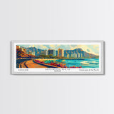 Honolulu Hawaii Panoramic Wall Art Framed Canvas Print, Mid Century Modern Art, Pop Art Style, Travel Poster, Home Decor, Retro Style