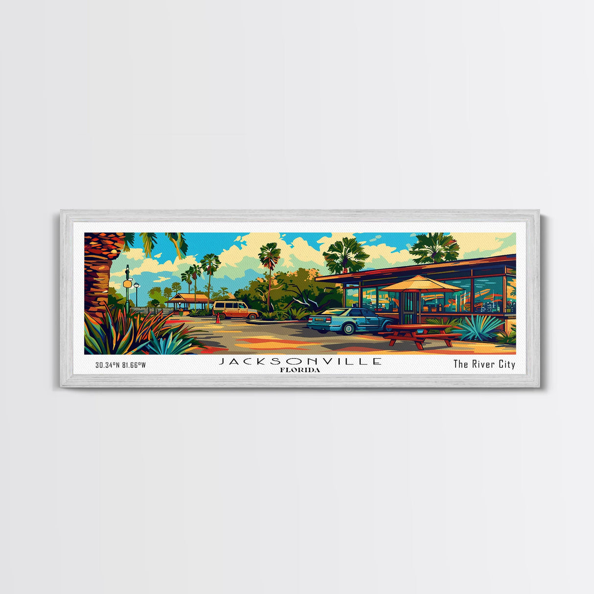 Jacksonville Florida Panoramic Painting Framed Canvas Print, Mid Century Modern Art, Pop Art Style, Travel Poster, Wall Art Decor