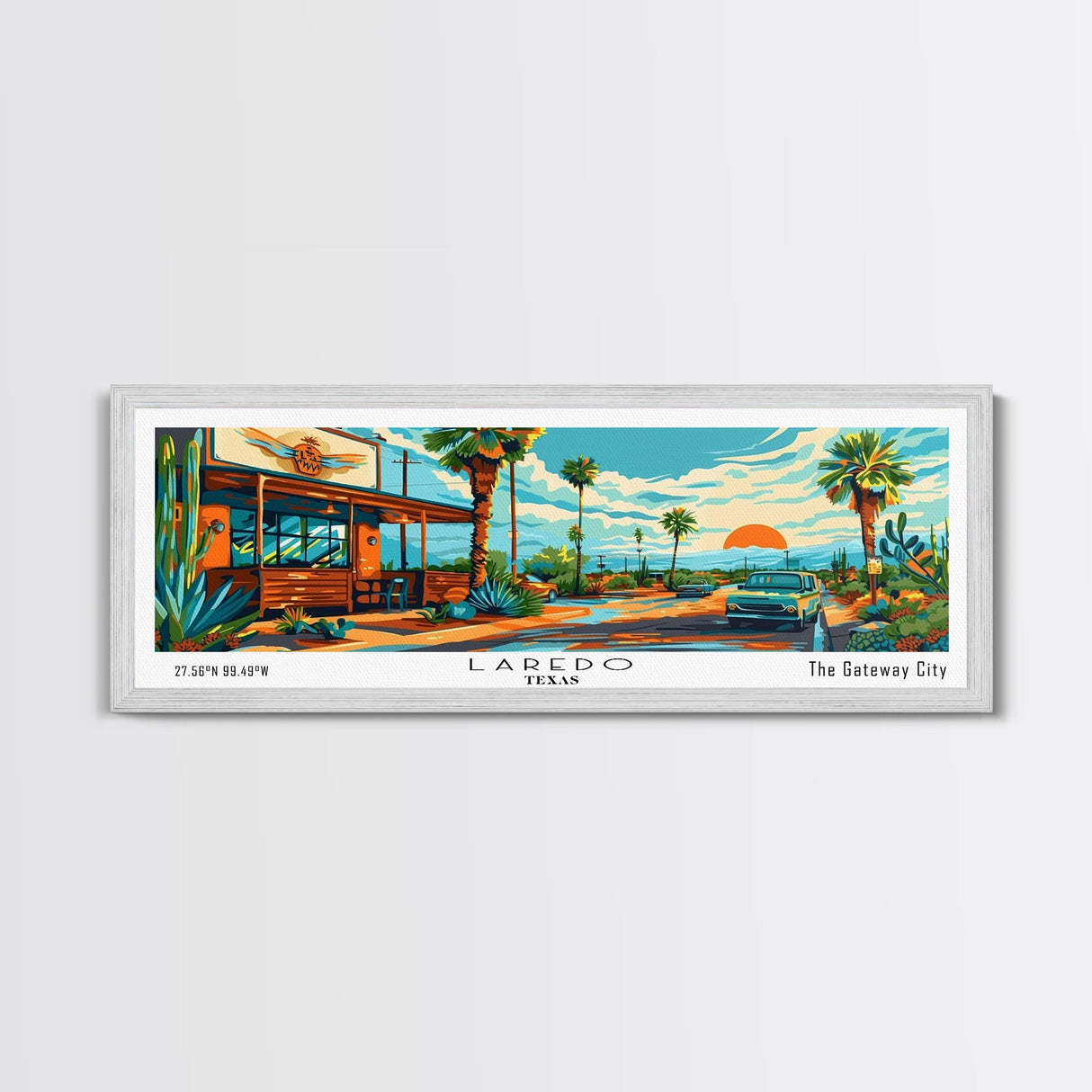 Laredo Texas Panoramic Wall Art, Pop Art Framed Canvas Print, Mid Century Modern Home Decor, Retro Style Travel Poster