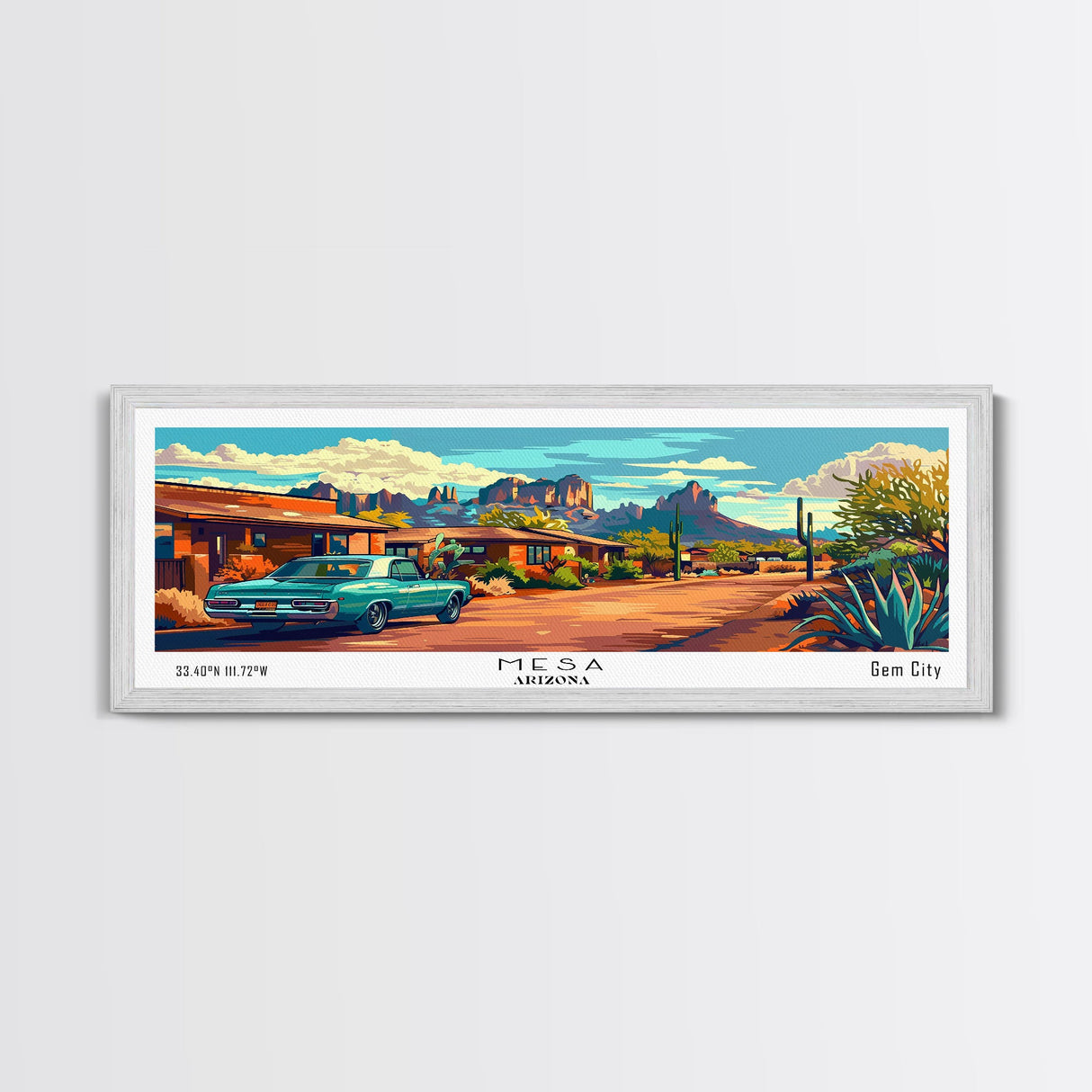 Mesa Arizona Panoramic Painting, Mid Century Modern Framed Canvas Print, Retro Style Wall Art, Pop Art Travel Poster