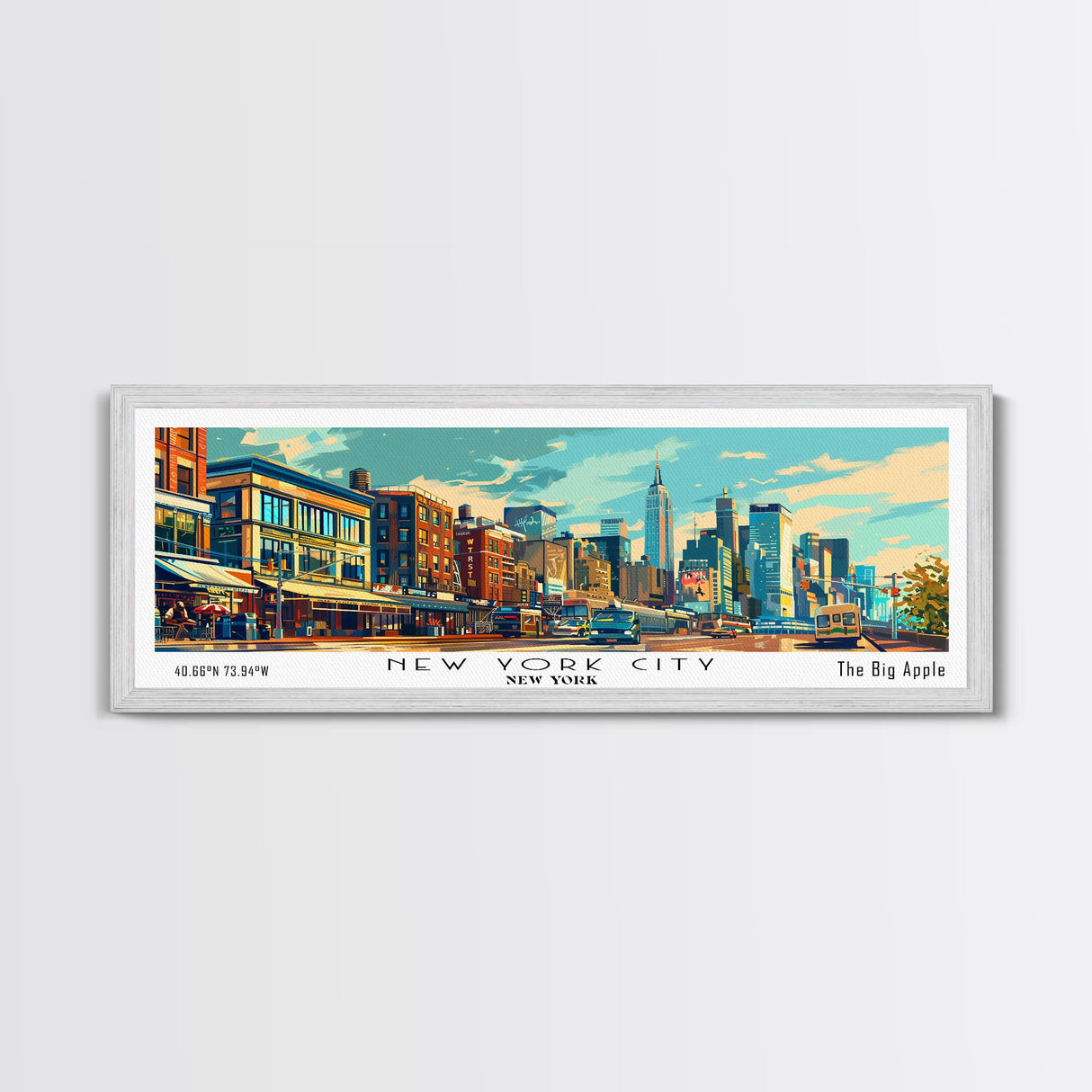 New York New York Panoramic Framed Canvas Print, Retro Style Wall Art, Mid Century Modern Home Decor, Pop Art Travel Poster