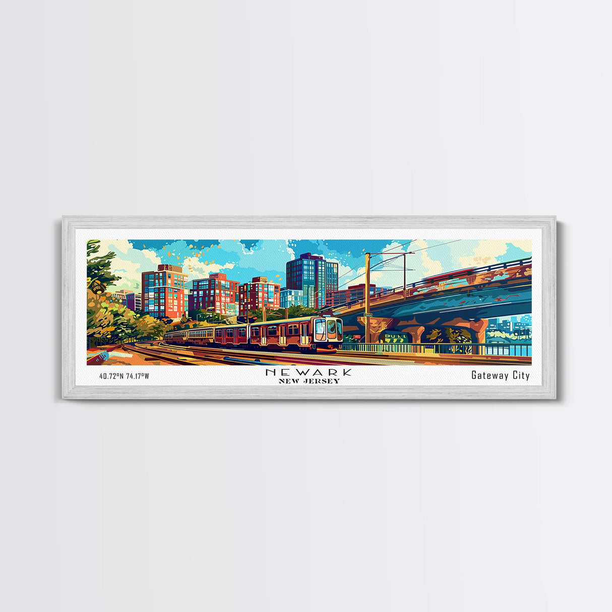 Newark New Jersey Panoramic Painting, Retro Style Framed Canvas Print, Mid Century Modern Wall Art, Pop Art Travel Poster