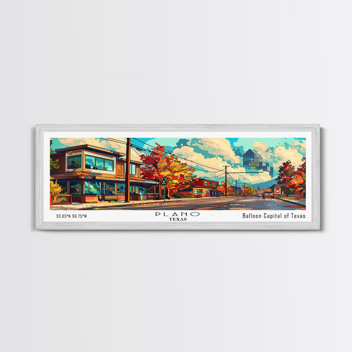 Plano Texas Panoramic Wall Art, Mid Century Modern Framed Canvas Print, Retro Pop Art Travel Poster, Home Decor