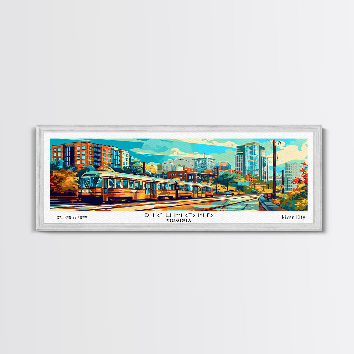 Richmond Virginia Panoramic Wall Art, Pop Art Framed Canvas Print, Mid Century Modern Home Decor, Retro Style Travel Poster