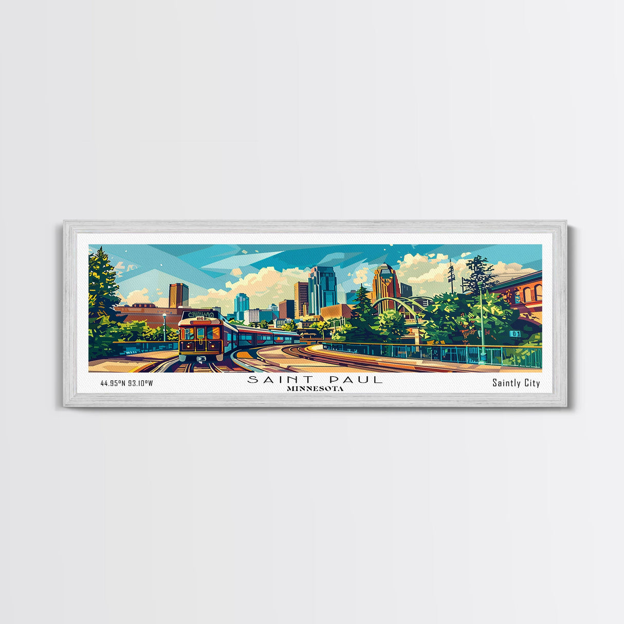 Saint Paul Minnesota Panoramic Framed Canvas Print, Mid Century Modern Pop Art, Retro Wall Art Decor, Travel Poster Painting