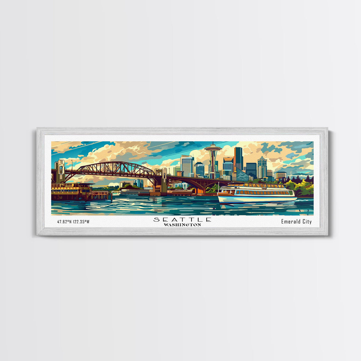 Seattle Washington Panoramic Painting, Mid Century Modern Framed Canvas Print, Retro Style Wall Art, Pop Art Travel Poster