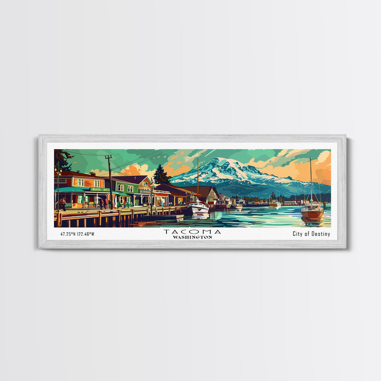 Tacoma Washington Panoramic Painting, Mid Century Modern Framed Canvas Print, Retro Pop Art Travel Poster, Wall Decor, Gift Idea