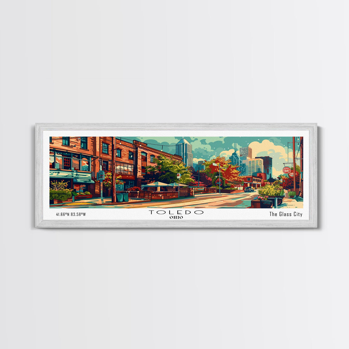 Toledo Ohio Panoramic Painting, Mid Century Modern Framed Canvas Print, Retro Pop Art Travel Poster, Wall Art, Home Decor, Office Art