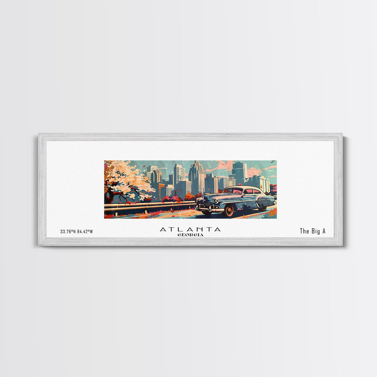 Atlanta Georgia Panoramic Painting, Mid Century Modern Framed Canvas Print, Retro Pop Art Travel Poster, Wall Decor, Gift Idea, Home Decor