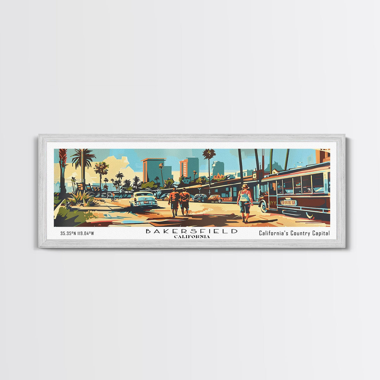 Bakersfield California Panoramic Wall Art, Mid Century Modern Framed Canvas Print, Retro Pop Art Travel Poster, Office Wall Art, Living Room Decor