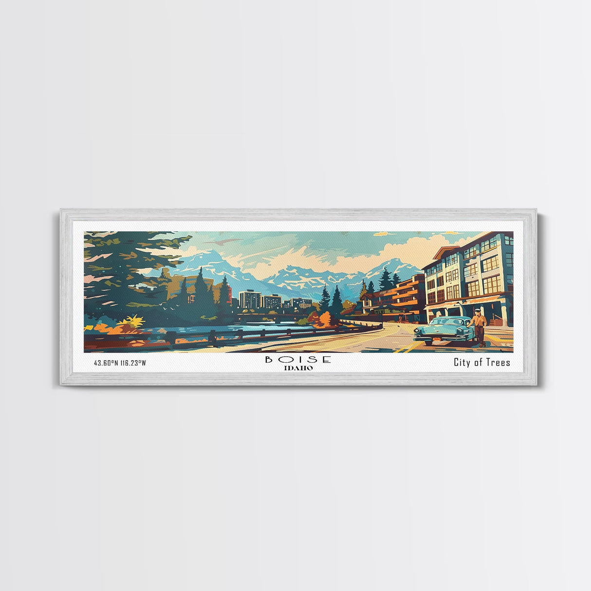 Boise Idaho Panoramic Painting, Mid Century Modern Framed Canvas Print, Retro Pop Art Travel Poster, Wall Art, Home Decor, Office Wall Art