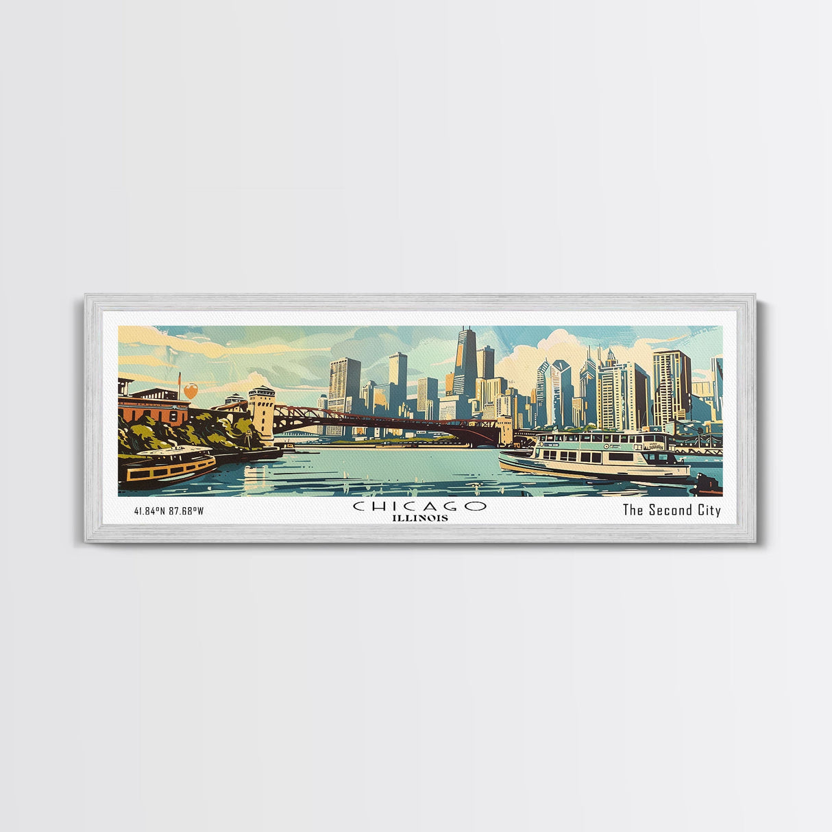 Chicago Illinois Panoramic Painting, Mid Century Modern Framed Canvas Print, Retro Pop Art Travel Poster, Wall Decor, Gift Idea, Home Decor