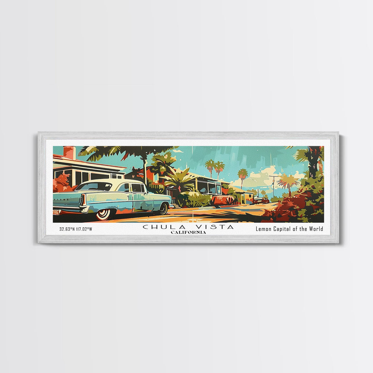 Chula Vista California Panoramic Painting, Mid Century Modern Framed Canvas Print, Retro Pop Art Travel Poster, Wall Decor, Office Art