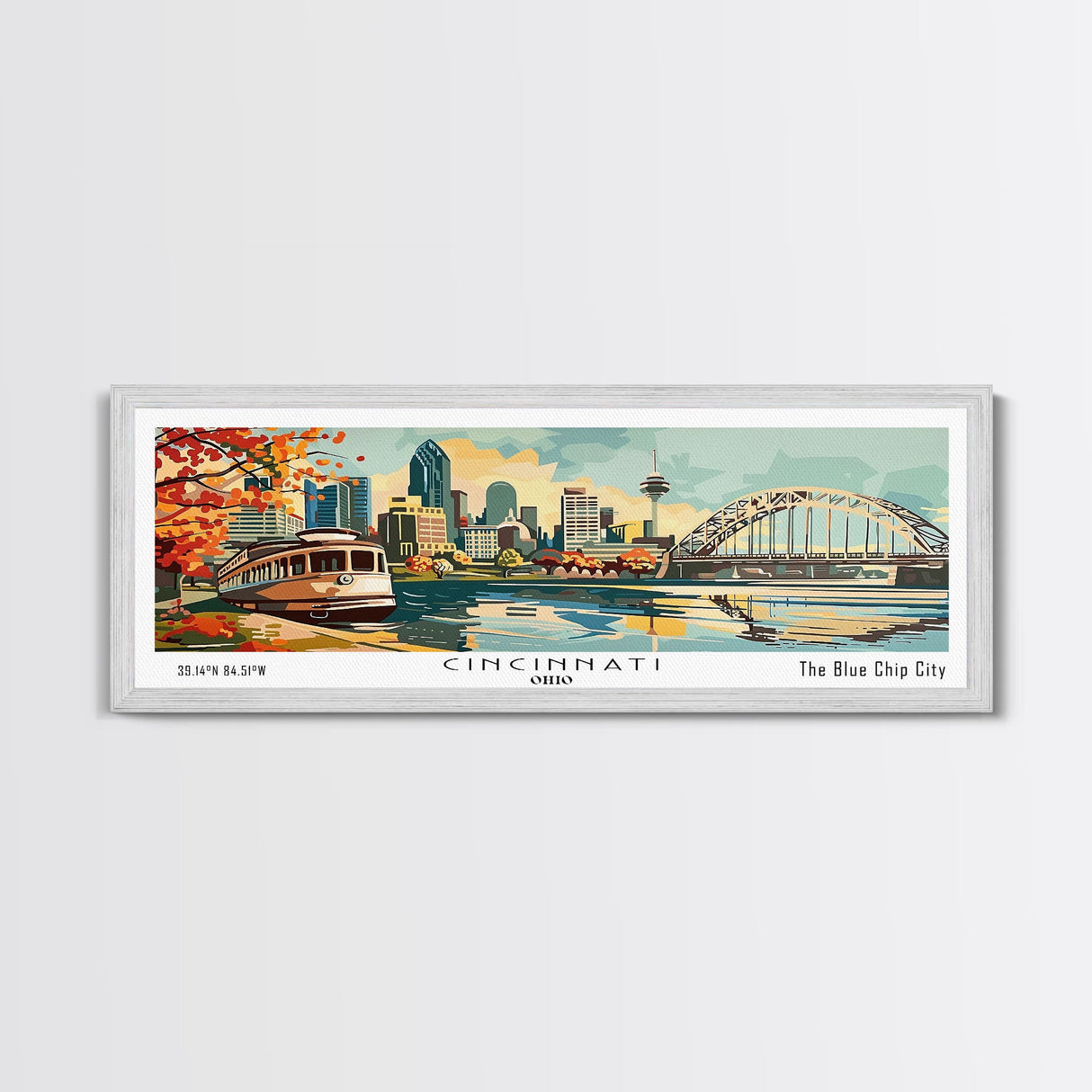 Cincinnati Ohio Panoramic Wall Art, Retro Pop Art Framed Canvas Print, Mid Century Modern Travel Poster, Living Room Decor, Wall Hanging, Office Art