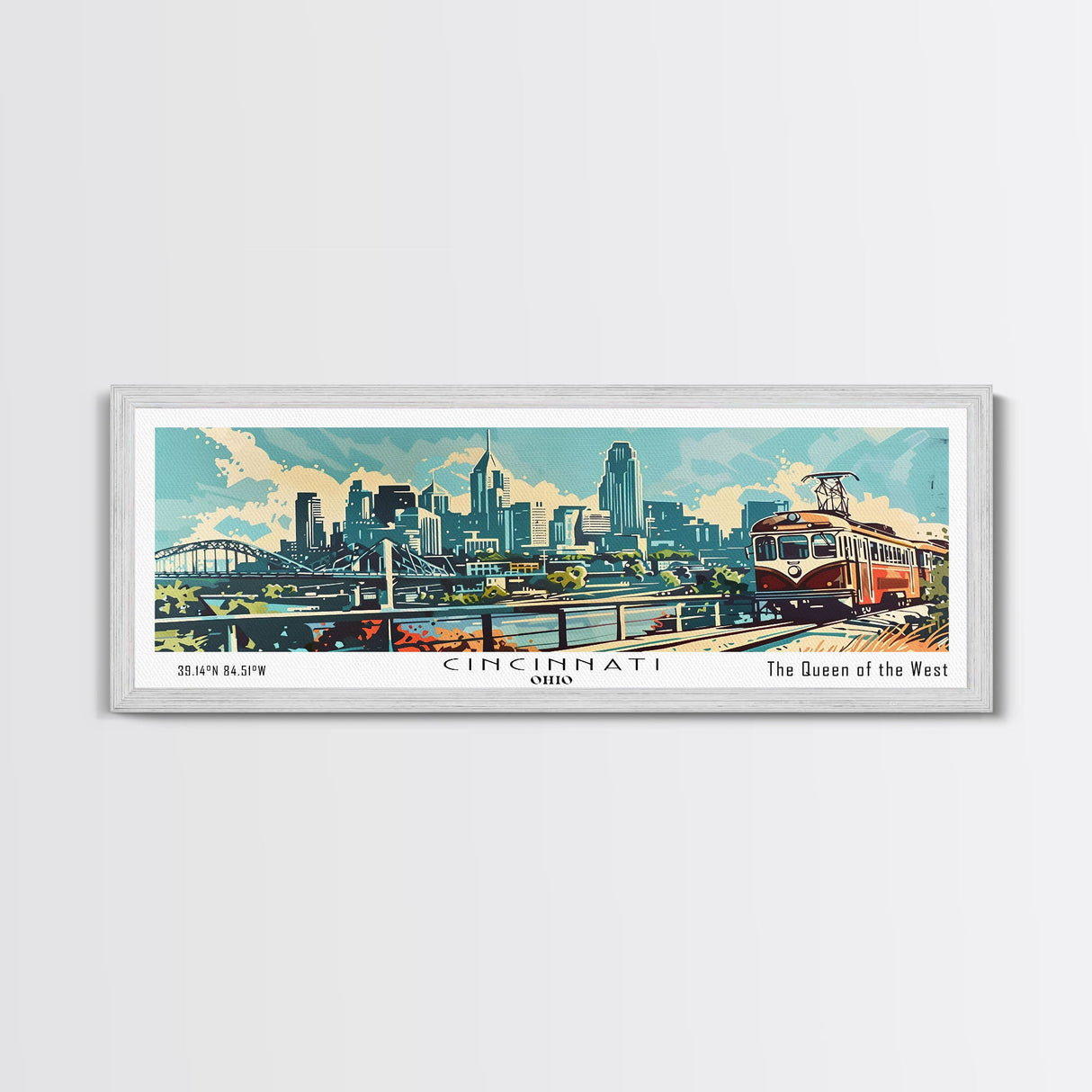 Cincinnati Ohio Panoramic Wall Art, Retro Pop Art Framed Canvas Print, Mid Century Modern Travel Poster, Living Room Decor, Wall Hanging, Office Art