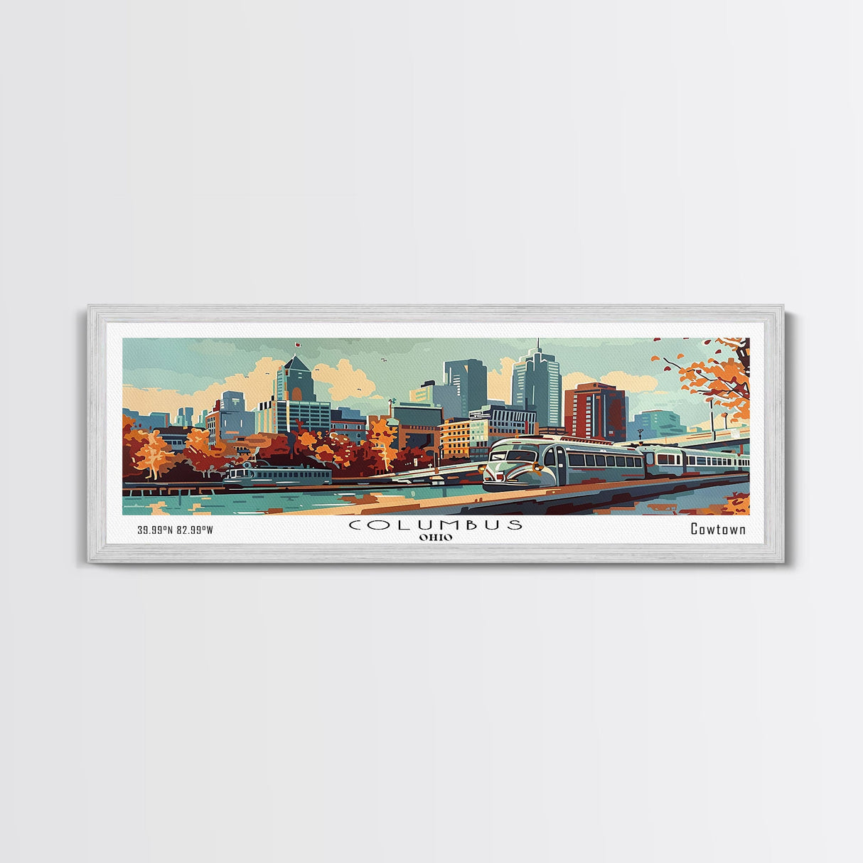 Columbus Ohio Panoramic Painting, Mid Century Modern Framed Canvas Print, Retro Pop Art Travel Poster, Wall Art, Home Decor, Office Art, Gift Idea