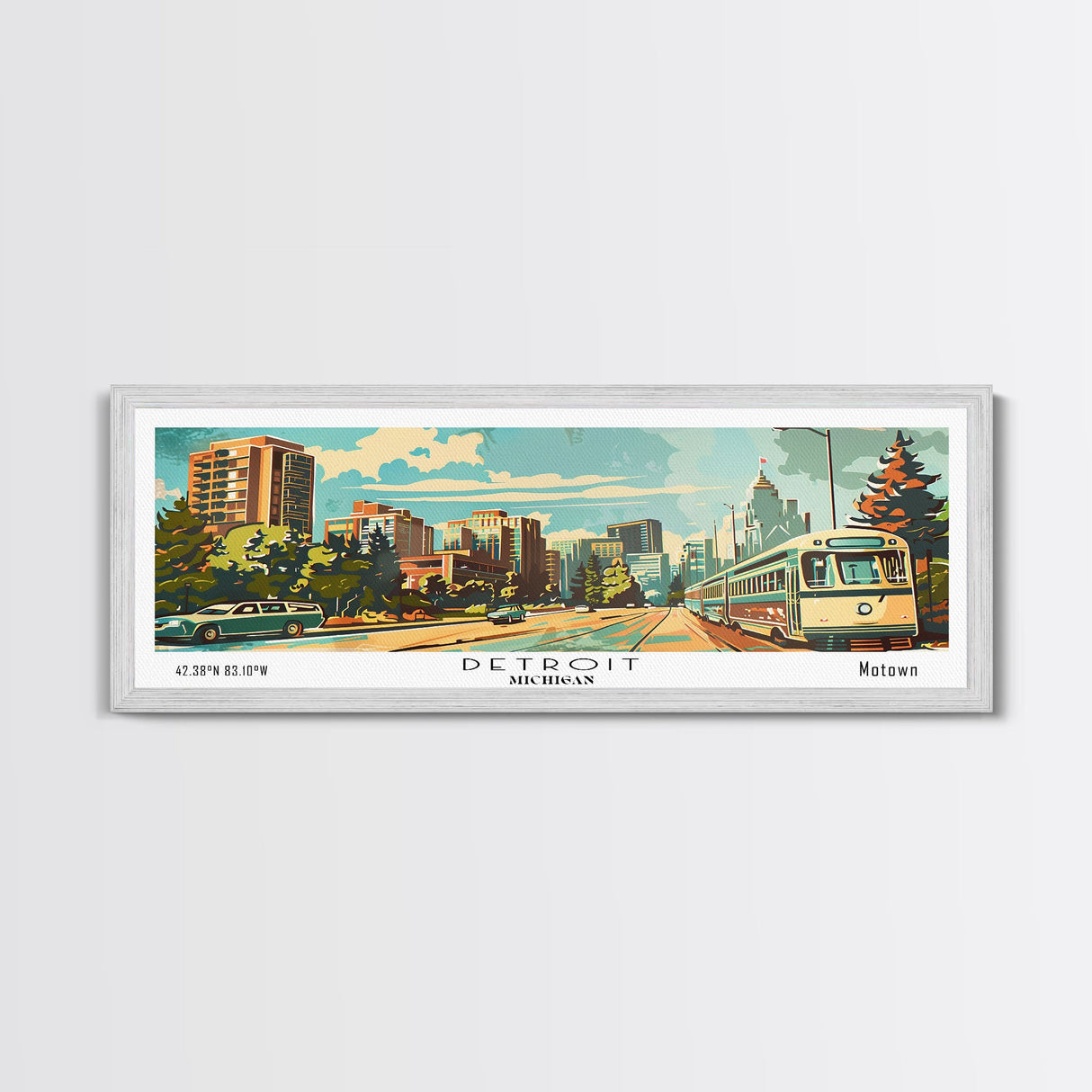 Detroit Michigan Panoramic Wall Art, Mid Century Modern Framed Canvas Print, Retro Pop Art Travel Poster, Office Art, Living Room Decor