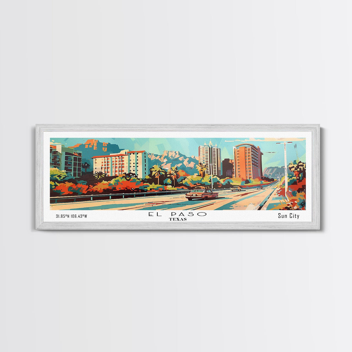 El Paso Texas Panoramic Wall Art, Retro Pop Art Framed Canvas Print, Mid Century Modern Travel Poster, Living Room Decor, Office Wall Art