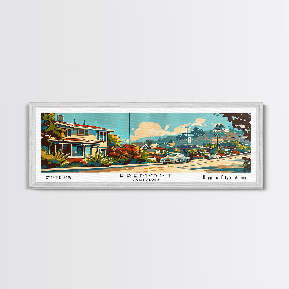 Fremont California Panoramic Painting, Mid Century Modern Framed Canvas Print, Retro Pop Art Travel Poster, Wall Decor, Gift Idea, Home Decor