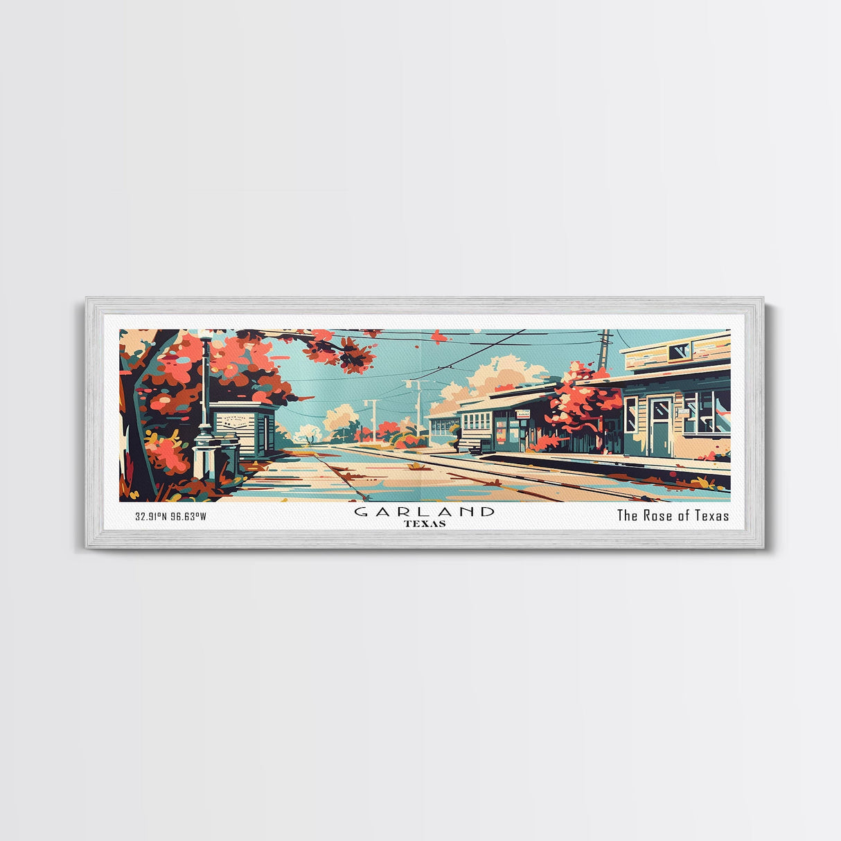 Garland Texas Panoramic Painting, Mid Century Modern Framed Canvas Print, Retro Pop Art Travel Poster, Wall Art, Home Decor, Office Art