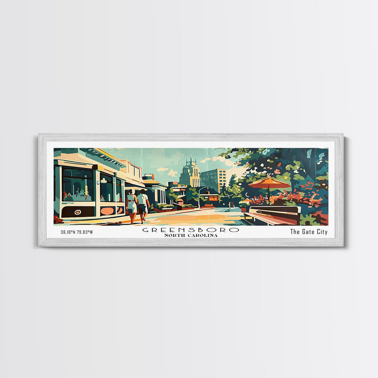 Greensboro North Carolina Panoramic Painting, Mid Century Modern Framed Canvas Print, Retro Pop Art Travel Poster, Wall Art, Living Room Decor, Office Art