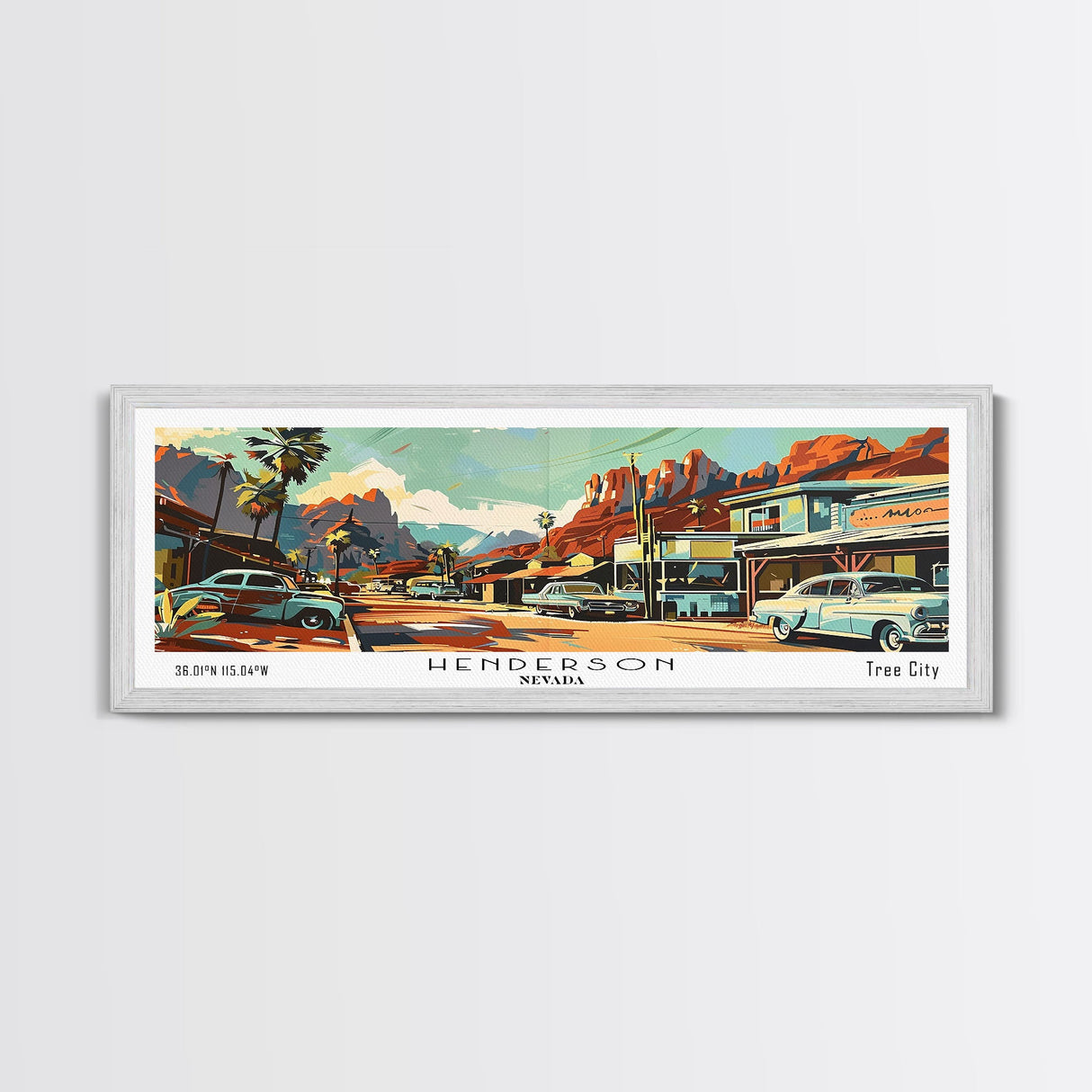 Henderson Nevada Panoramic Wall Art, Mid Century Modern Framed Canvas Print, Retro Pop Art Travel Poster, Home Decor, Office Art, Living Room Wall Hanging