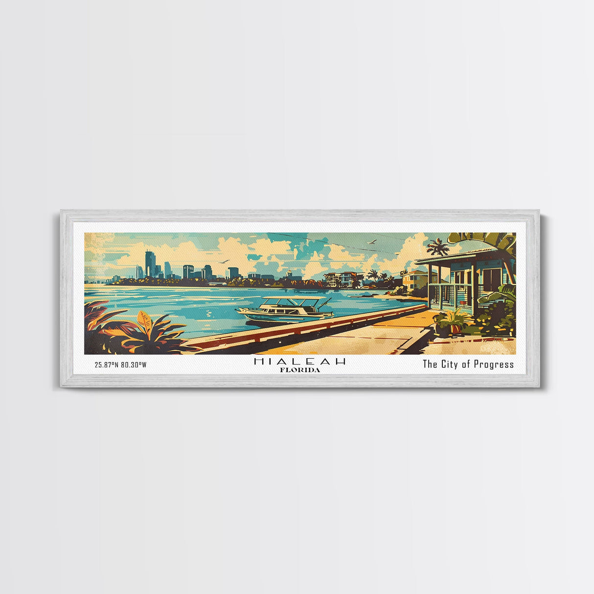 Hialeah Florida Panoramic Painting, Mid Century Modern Framed Canvas Print, Retro Pop Art Travel Poster, Wall Art, Home Decor, Office Wall Art, Gift Idea