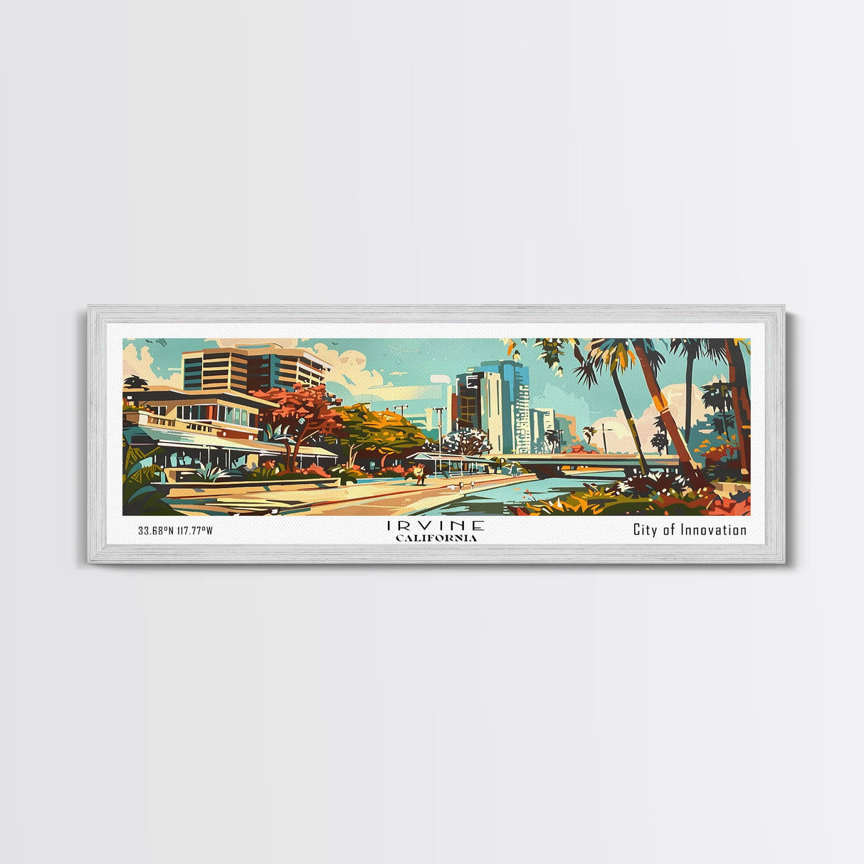 Irvine California Panoramic Wall Art, Mid Century Modern Framed Canvas Print, Retro Pop Art Travel Poster, Home Decor, Living Room Art, Office Wall Hanging