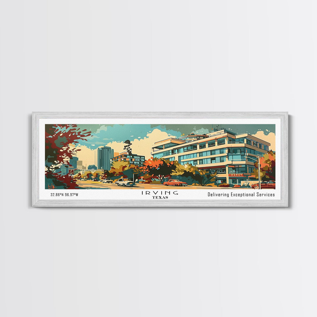 Irving Texas Panoramic Painting, Mid Century Modern Framed Canvas Print, Retro Pop Art Travel Poster, Wall Art, Home Decor, Office Wall Art, Gift Idea