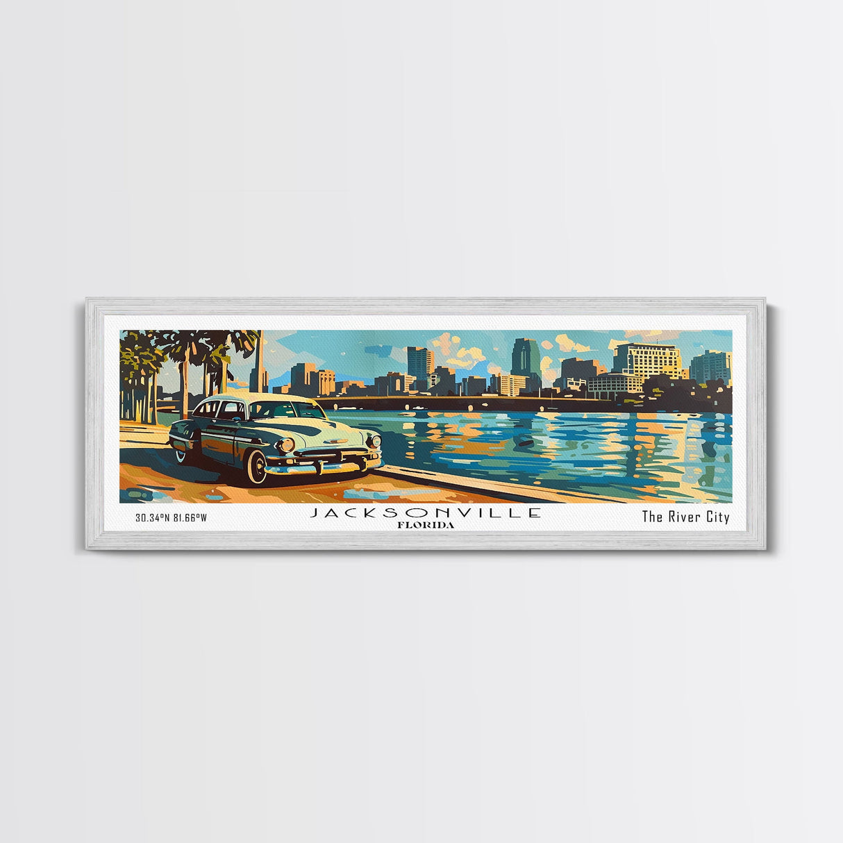 Jacksonville Florida Panoramic Wall Art, Mid Century Modern Framed Canvas Print, Retro Pop Art Travel Poster, Living Room Art, Office Decor, Wall Hanging