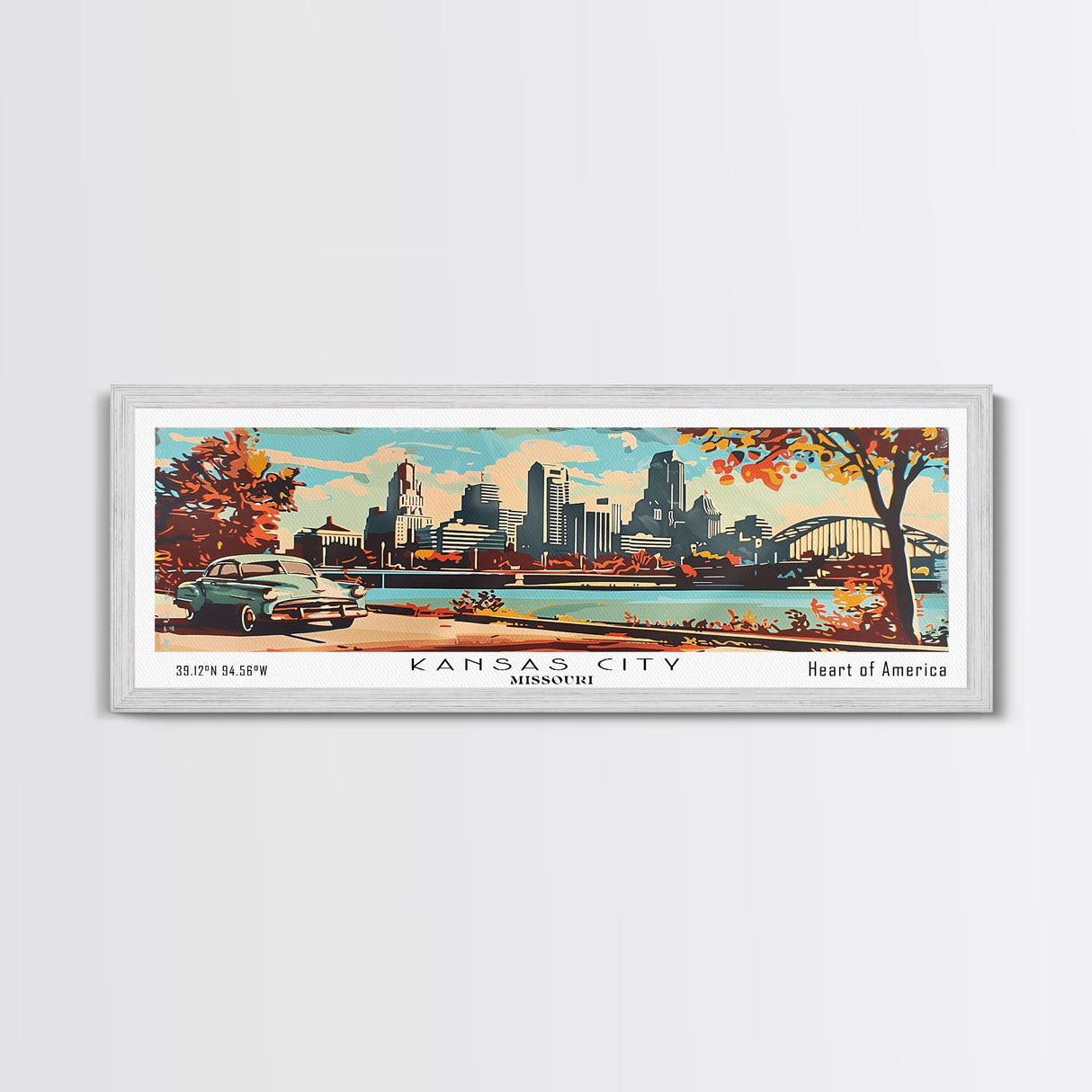 Kansas City Missouri Panoramic Wall Art, Mid Century Modern Framed Canvas Print, Retro Pop Art Travel Poster, Home Decor, Office Art, Gift Idea, Wall Hanging