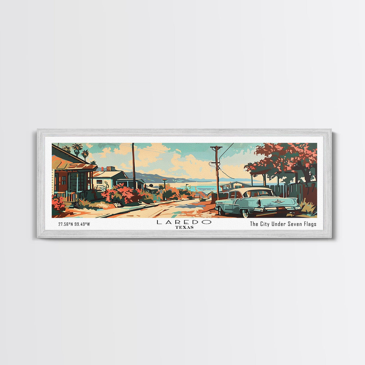 Laredo Texas Panoramic Painting, Mid Century Modern Framed Canvas Print, Retro Pop Art Travel Poster, Wall Art, Living Room Decor, Office Wall Art, Home Decor