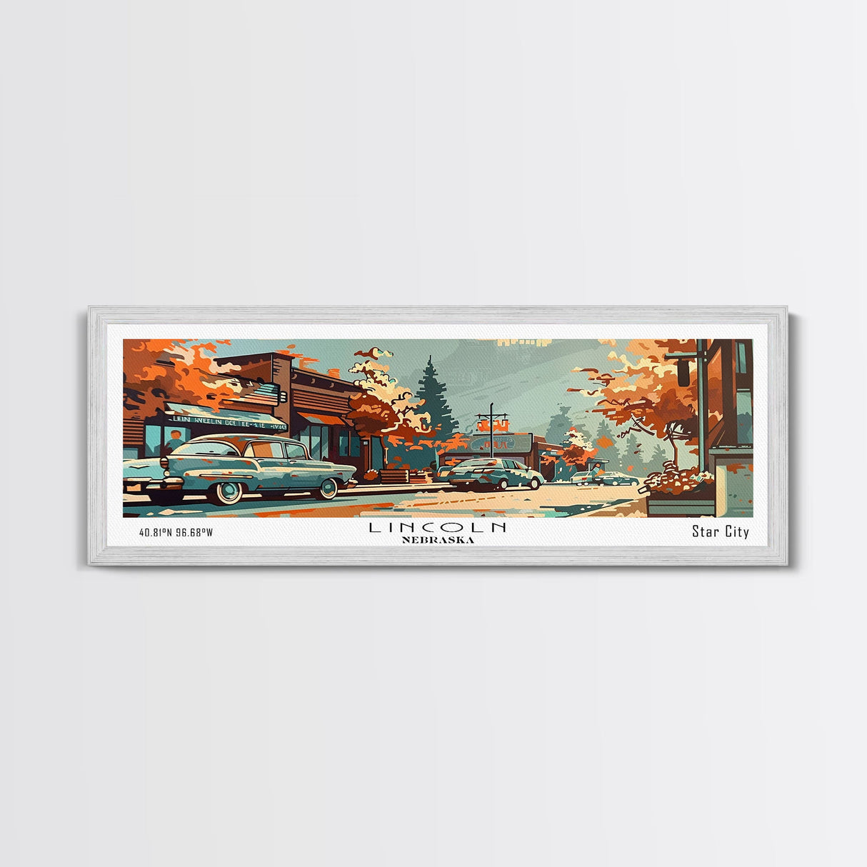 Lincoln Nebraska Panoramic Painting, Mid Century Modern Framed Canvas Print, Retro Pop Art Travel Poster, Wall Art, Home Decor, Office Wall Art, Living Room Decor