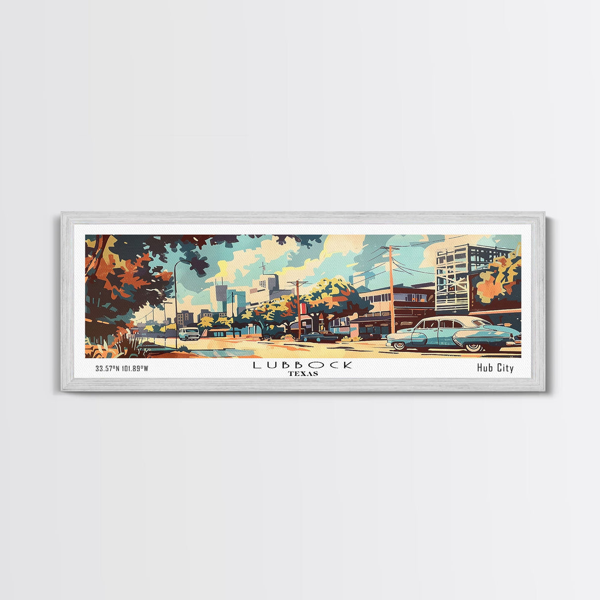 Lubbock Texas Panoramic Wall Art, Mid Century Modern Framed Canvas Print, Retro Pop Art Travel Poster, Home Decor, Living Room Art, Office Wall Hanging, Gift Idea