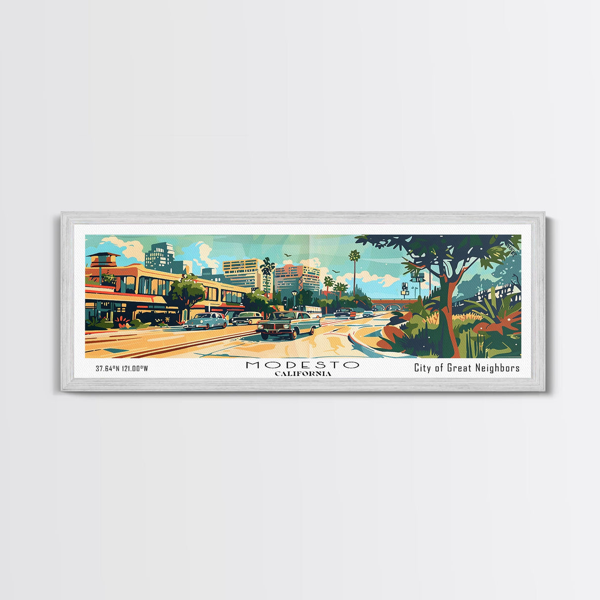 Modesto California Panoramic Wall Art, Mid Century Modern Framed Canvas Print, Retro Pop Art Travel Poster, Home Decor, Office Art, Living Room Wall Hanging, Gift Idea