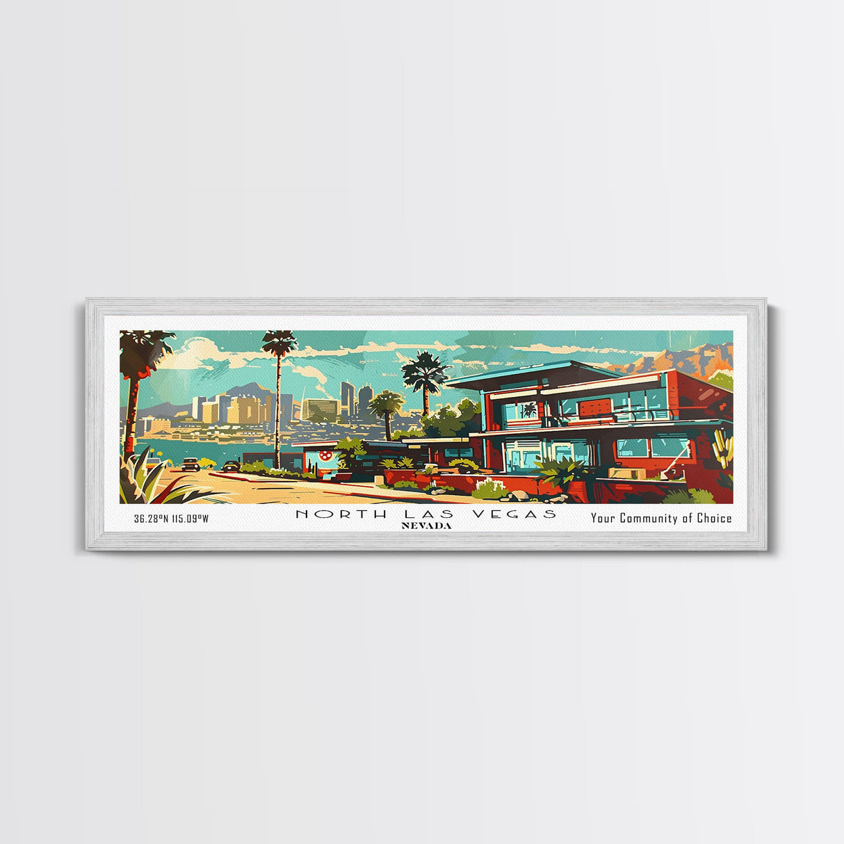 North Las Vegas Nevada Panoramic Wall Art, Mid Century Modern Framed Canvas Print, Retro Pop Art Travel Poster, Home Decor, Office Art, Gift Idea, Living Room Wall Hanging