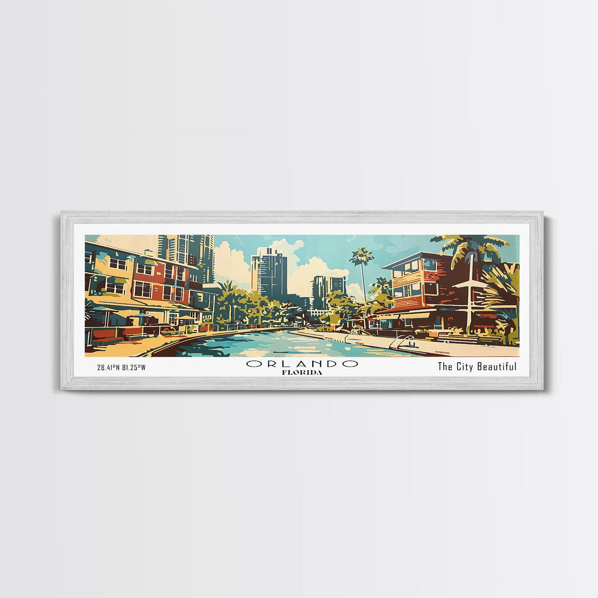 Orlando Florida Panoramic Wall Art, Mid Century Modern Framed Canvas Print, Retro Pop Art Travel Poster, Home Decor, Office Art, Gift Idea, Living Room Wall Hanging