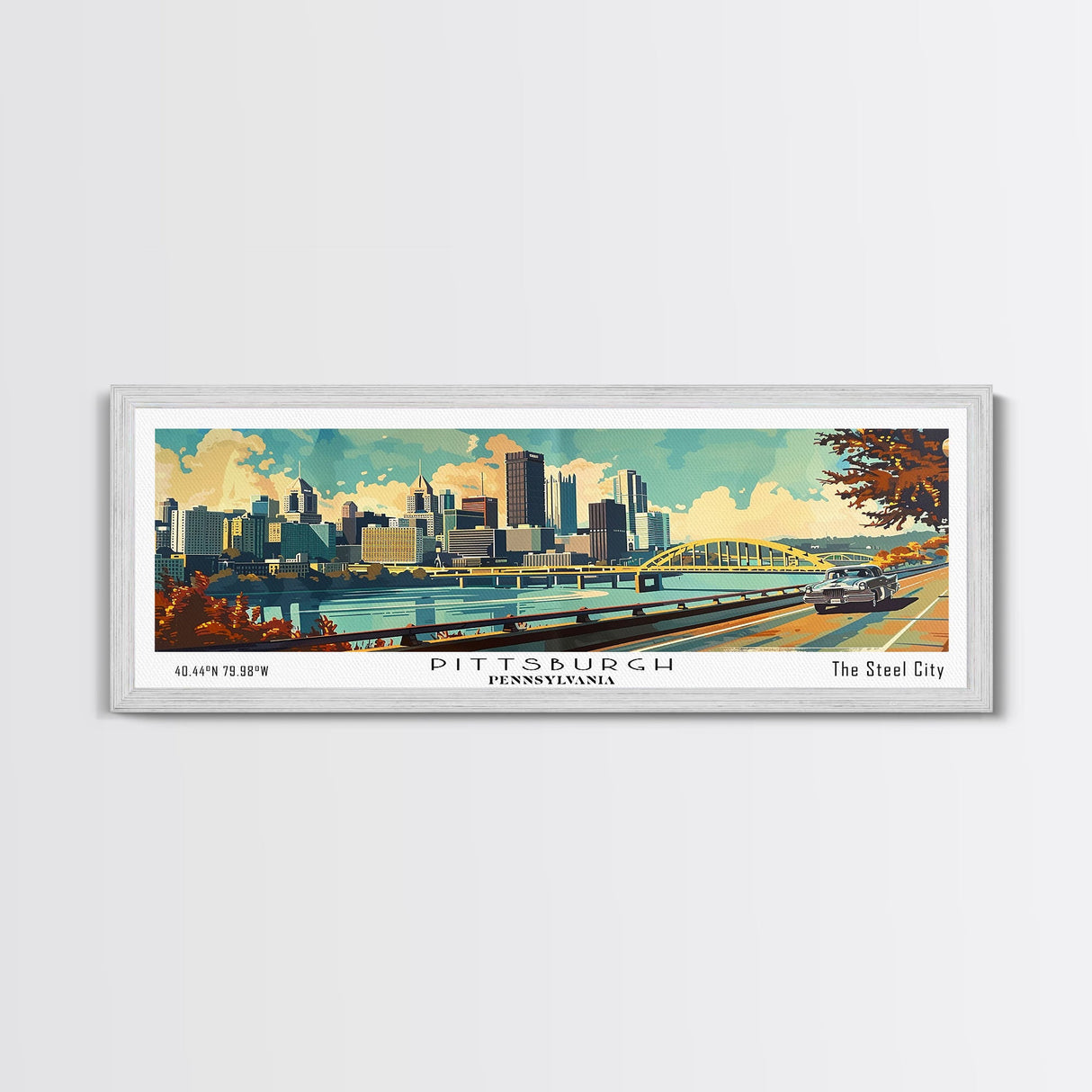 Pittsburgh Pennsylvania Panoramic Wall Art, Mid Century Modern Framed Canvas Print, Retro Pop Art Travel Poster, Living Room Decoration