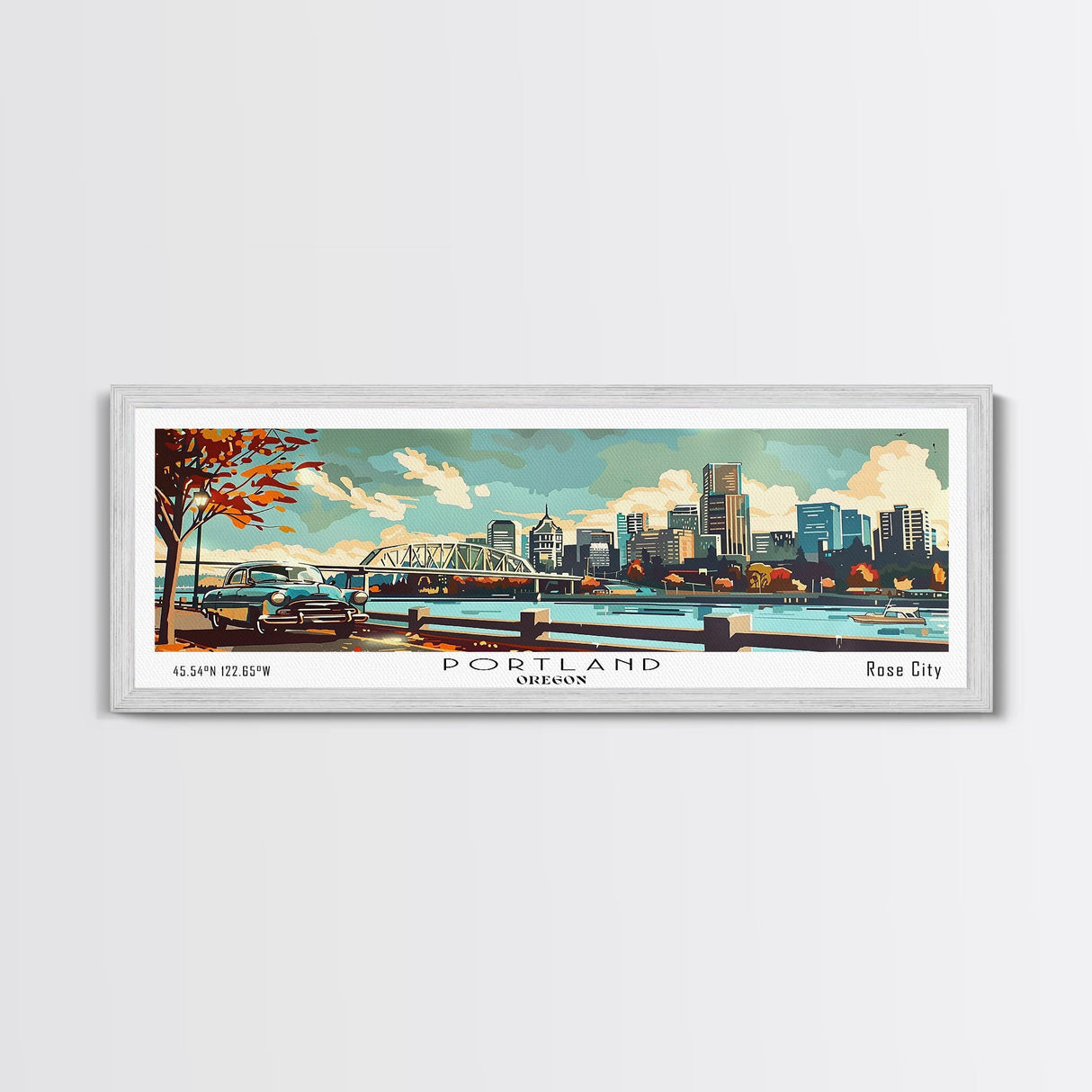 Portland Oregon Panoramic Wall Art, Mid Century Modern Framed Canvas Print, Retro Pop Art Travel Poster, Home Office and Living Room Decor