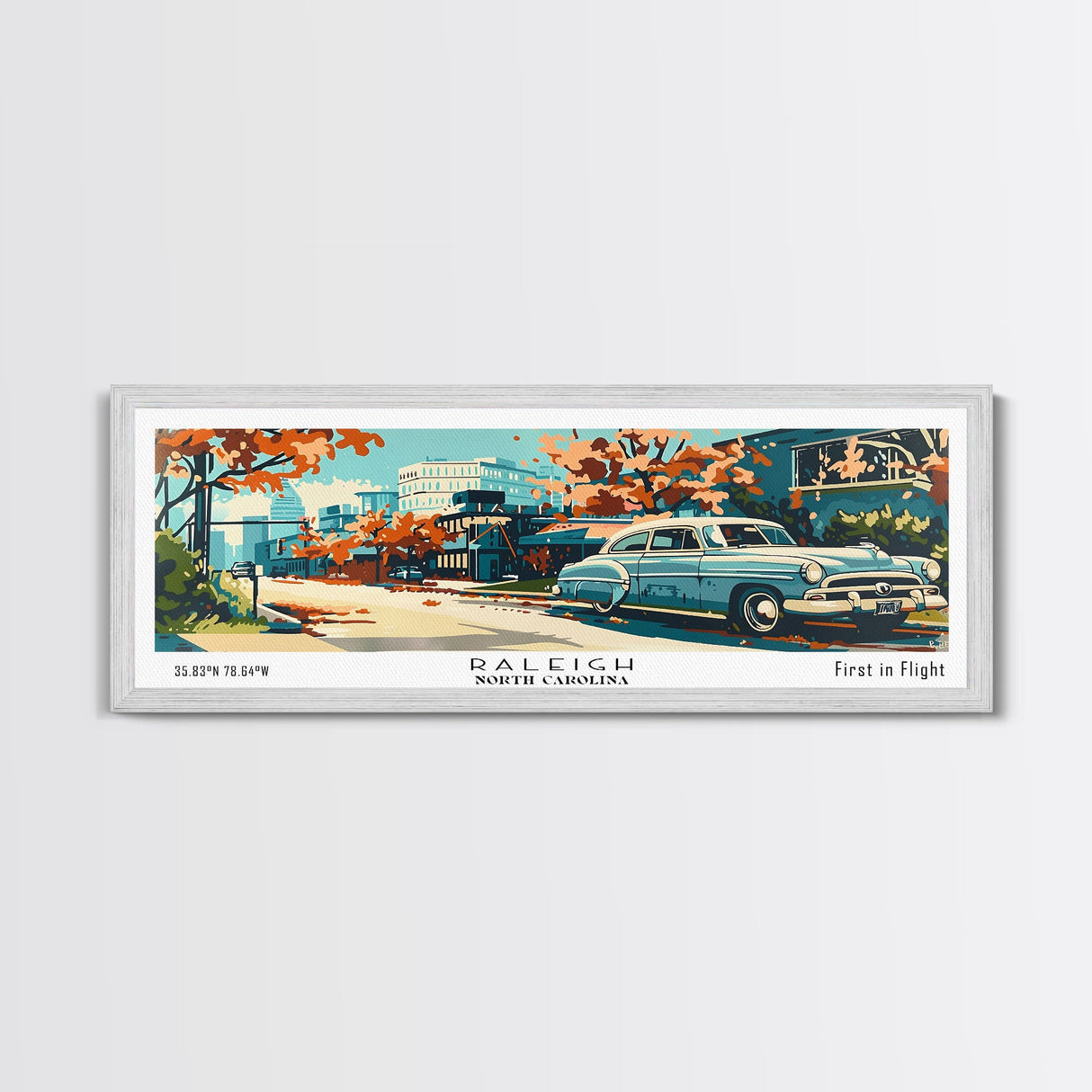 Raleigh North Carolina Panoramic Painting, Mid Century Modern Framed Canvas Print, Retro Pop Art Travel Poster, Living Room and Office Wall Art