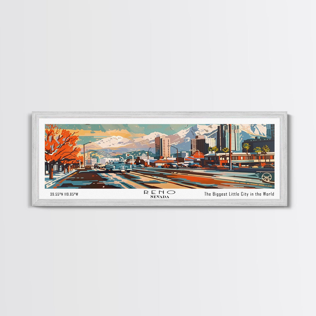 Reno Nevada Panoramic Wall Art, Mid Century Modern Framed Canvas Print, Retro Pop Art Travel Poster, Living Room Decor, Office Wall Hanging