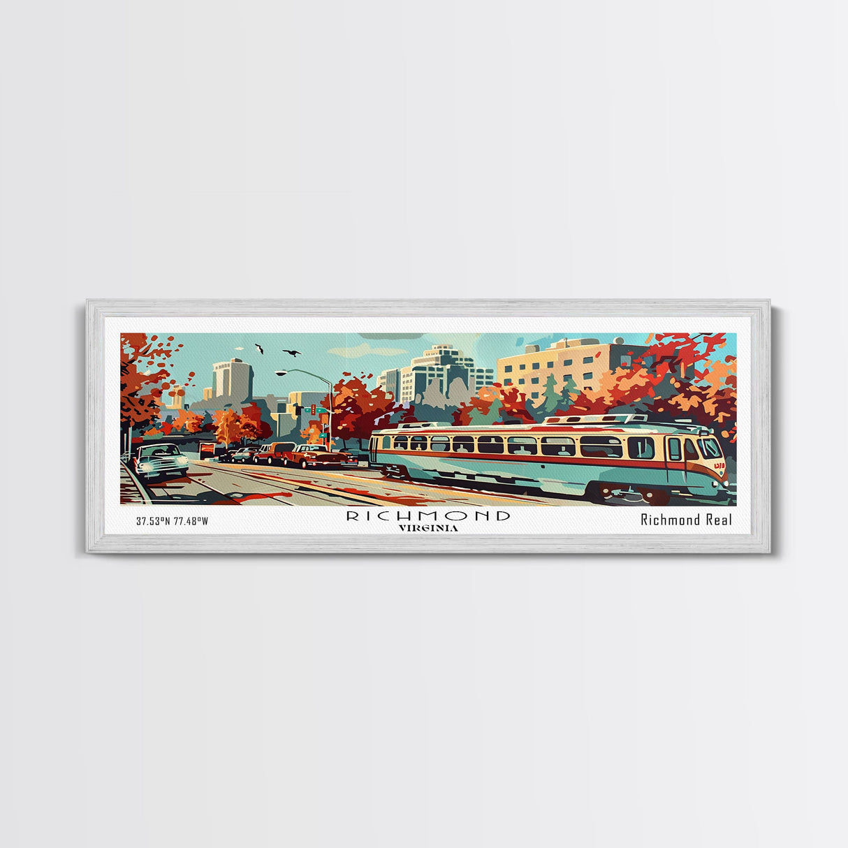 Richmond Virginia Panoramic Painting, Mid Century Modern Framed Canvas Print, Retro Pop Art Travel Poster, Living Room and Office Decoration